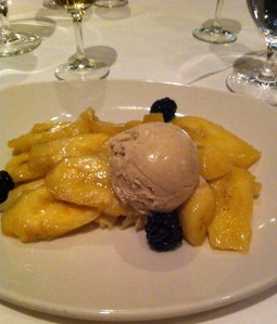 Dessert plate:  bananas, folded crepe, cinnamon ice cream, a few blackberries